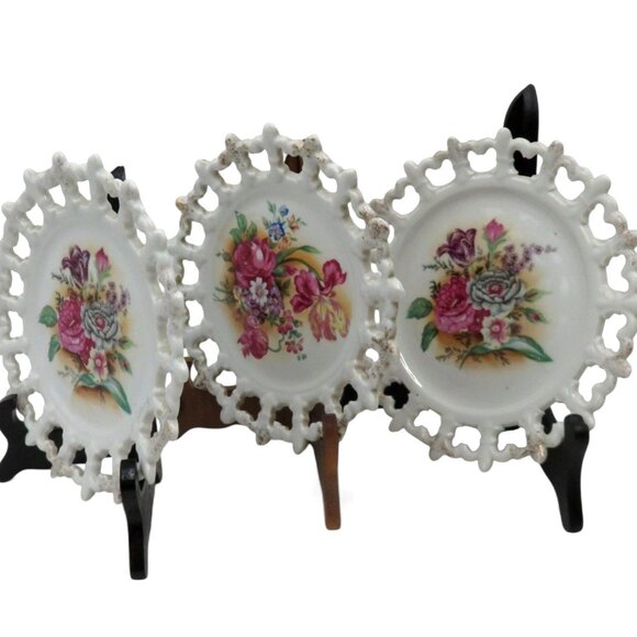 ESD Japan Reticulated Floral Ceramic Plates Set of 3 Vintage 8" - Picture 3 of 13